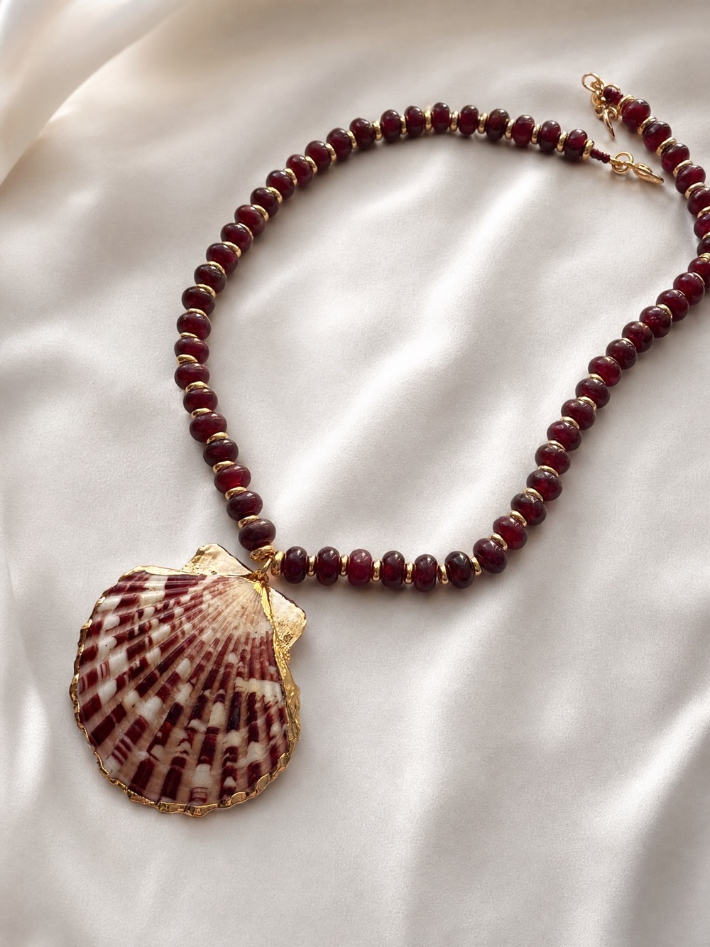 Gold-Trim Shell Pendant Necklace with Garnet Beaded Strand
